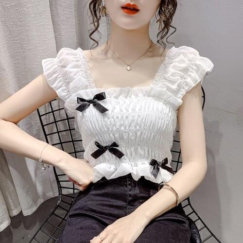 Fashion bowknot ruched cropped camisole top white slim-fit ruffles camis for women tank top cute sleeveless blouse kawaii vest