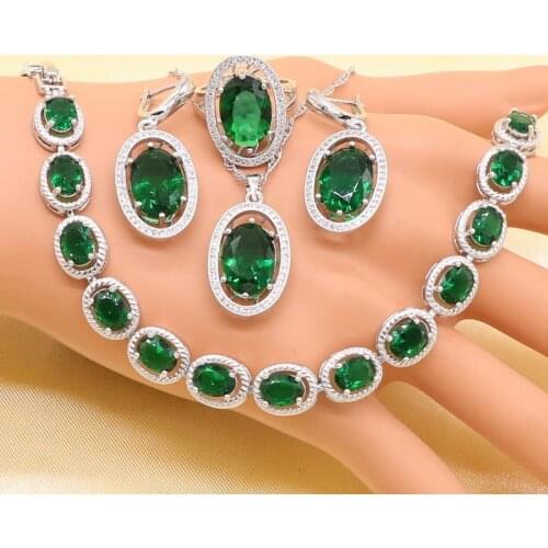 Green Stones White crystal 925 Sterling Silver Jewelry Set for Women with Bracelet Earrings Necklace Pendant Ring Birthday Gift