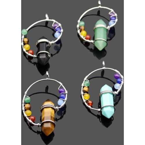 Natural seven-color bead chakra hexagonal pendant Pendant handmade winding pendant for jewelry DIY necklace accessories