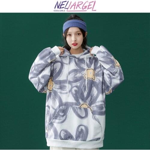 NELLARGEL Women Kawaii Bear Y2k Hooded Hoodies 2021 Female Vintage Harajuku Flower Sweatshirts Girl Oversized Streetwear Hoodie