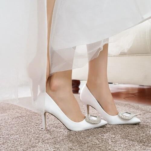 Spring new pointed rhinestone dress banquet bridal wedding shoes white stiletto heel large size small size womens single shoes