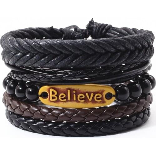 Believe Beads Ethnic 4 Pcs/set Charm Handmade Woven Men Leather Bracelets Women Vintage Bangle Male Homme Jewelry Accessories