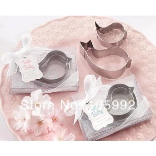 Pink/Silver Stainless Steel Lovely Mother & Baby Bird Cake and Cookie Cutter Mold Wedding Favor 24pcs=12boxes