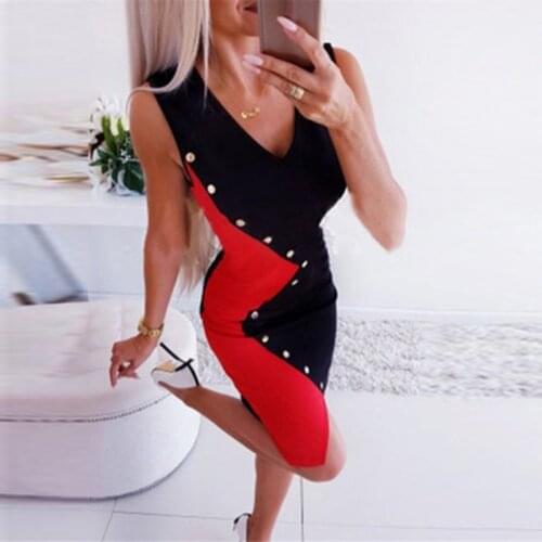Sexy Slim Fit Sleeveless Contrasting Color V-Neck Tight Dress for Summer Womens Metallic Embellished Pullover Dress Plus Size