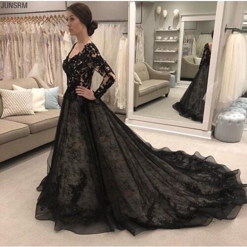 Gorgeous Black Wedding Dresses Long Sleeves Double V Neck Lace Bridal Gowns A-line Appliques Beaded Outdoor Bridal Dress Custom