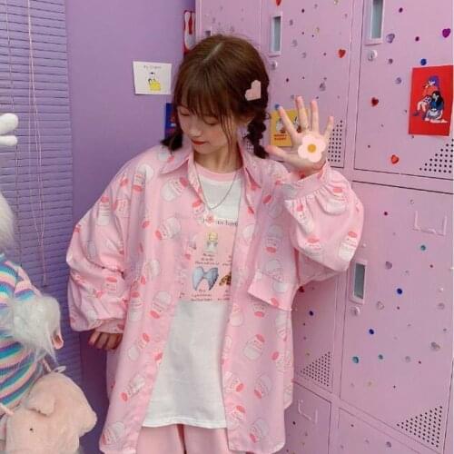 The New Summer 2021 Kawaii Blouse Women Long Sleeve Cute Top Loose Women Shirts Korean Style Fashion Print Button Up Shirt Kpop