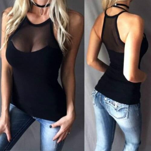 2020 Hot Selling Plus Size 5XL Womens Sleeveless Off Shoulder Mesh Patchwork T-shirts Shirt Cami Vest