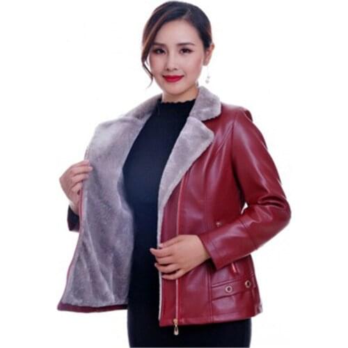 Women Faux Leather Coat Red Black XL-5XL Plus Size Long Sleeve PU Moto Jacket 2020 New Autumn Winter Plus Velvet Clothing JD750
