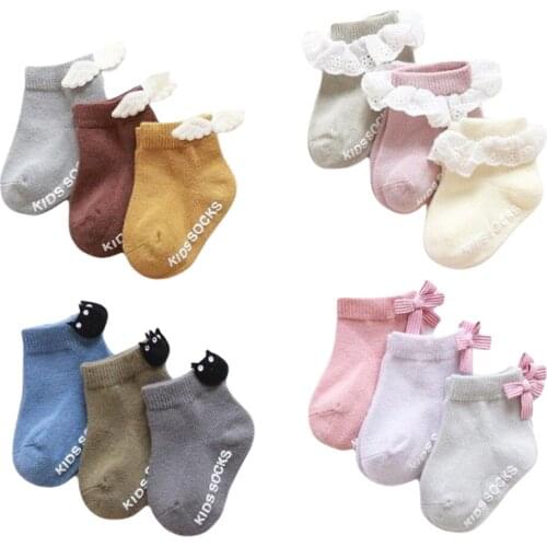 3 Pairs Baby Socks Lace Decoration 3D Cartoon Design Dispensing Non-slip Clothing Accessories