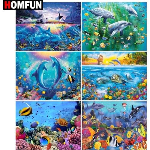 HOMFUN Diamond Painting Full Square/Round Diamond "Dolphin ocean scenery" Pattern Embroidery Cross Stitch 5D Rhinestone Painting