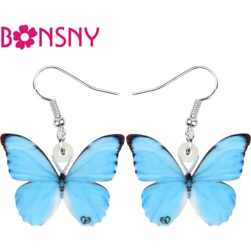 Bonsny Acrylic Blue Morpho Butterfly Earrings Big Printing Insect Animal Dangle Drop Jewellery For Women Girls Kids Fashion Gift