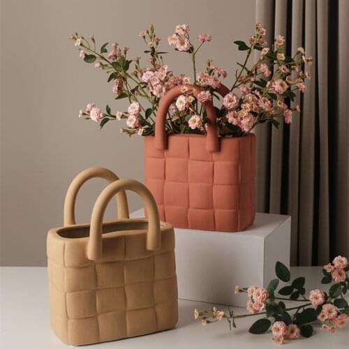 Cutelife INS Nordic Bag Large Ceramic Flower Vase Decoration Home Office Arrangement Vase Wedding Living Room Plant Handle Vase