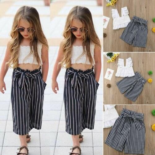 Kids Baby Girls Lace Striped Crop Tops T-shirt Long Pants Outfits Clothes Summer Set