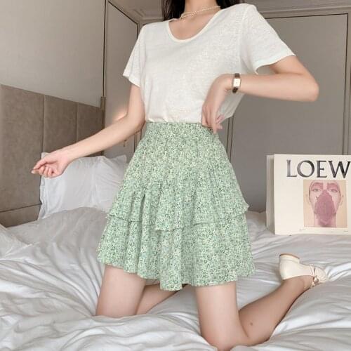 French Floral Mini Skirts for Sweet Girl 2021 Summer Sexy Office Ladies Clothes Womens Korean Fashion Green Ruffle chiffon Skirt