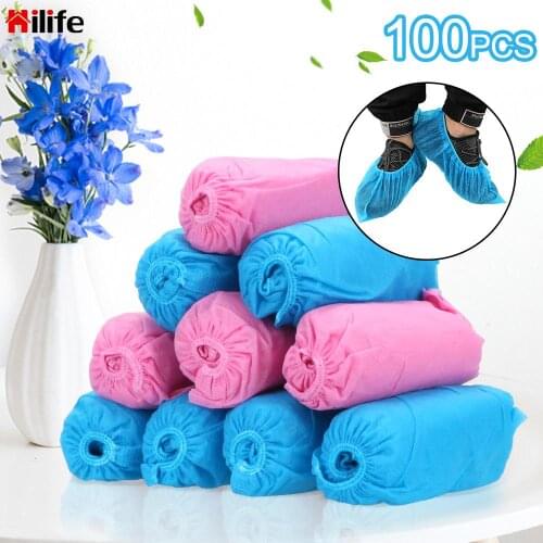 HILIFE 100PCS Elastic Band Breathable Dustproof Anti-Slip Shoe Covers Disposable Shoe Covers Non-Woven Fabric Overshoes