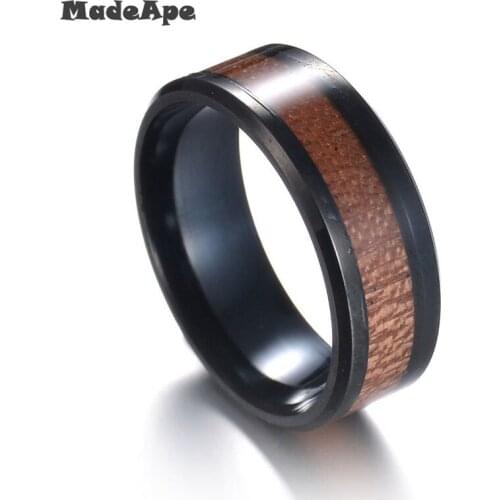 MadApe Nature Koa Padauk Wood Inlay 316 L Stainless Steel Men Women Wedding Ring High Polished Comfort Big Size 6-13