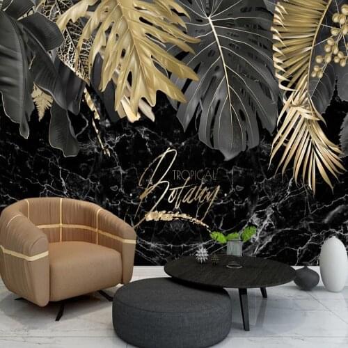 Milofi custom 3D wallpaper mural Nordic light luxury black gold leaf plant background wall living room bedroom decoration painti