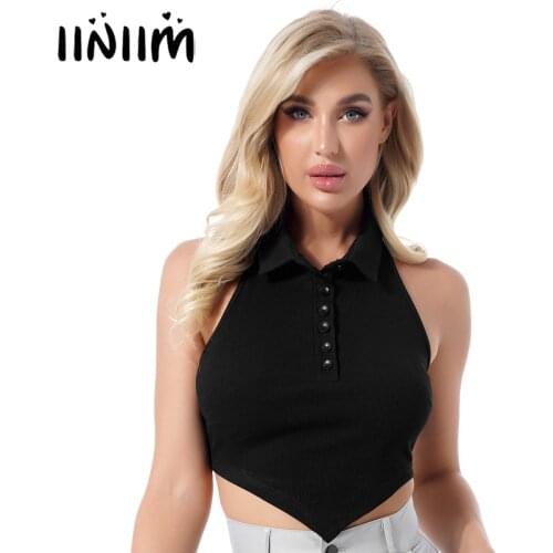 Fashion Exotic Tanks Women Halter Turn-down Collar Sleeveless Sexy Crop Top Asymmetric Hem Backless Ribbed T-shirt Button Vest