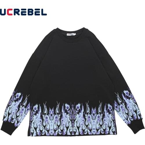 Flame Skeleton Print Sweatshirts Mens Streetwear Autumn High Stree Casual Looset Long Sleeved Crew Neck Pullover Men