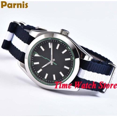 Parnis 40mm Automatic wrist watch men Sapphire glass luminous white steel date waterproof dive pilot black dial Nylon strap