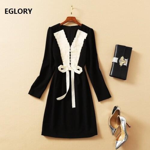Sexy Deep V-Neck Dress 2021 Spring Autumn Business Women Pleated Ruffle Bow Deco Long Sleeve Bodycon Black Dress Above Knee