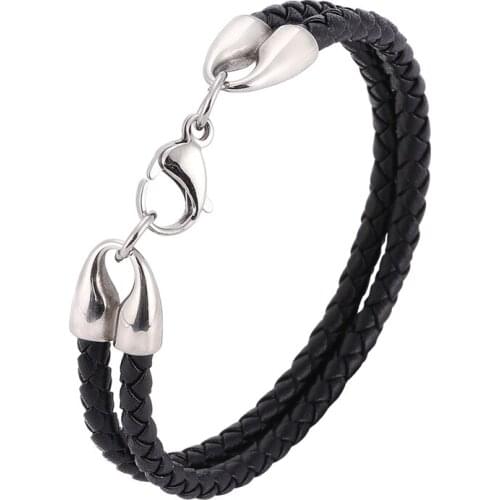 Simple Double Layer Black Braided Leather Rope Bracelet Men Stainless Steel Lobster Clasp Bracelet for Women Jewelry SP1089