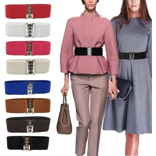 Women Elastic Belt Wide Dress Waist Belt hengreda 2019 Stretch Elastic Wide Corset Waist by Fashion Metal Buckle for Skrit Pants