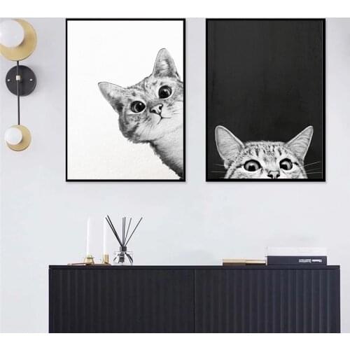 Nordic Prints Cartoon Cat Canvas Paintings Black and White Posters Prints Wall Art Picture for Living Room Wall Decor Cuadros