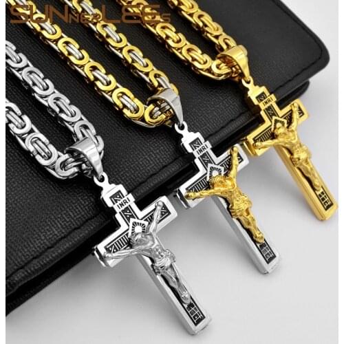 SUNNERLEES Stainless Steel Jesus Christ Cross Pendant Necklace Byzantine Link Chain Silver Color Gold Plated Men Boy SP249