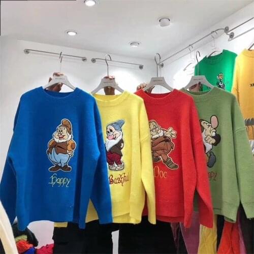 Cartoon Women Sweaters Disney the Seven Dwarfs O-neck Embroidery Tops Long Sleeve Sweaters Office Lady Female Clothes Sweaters