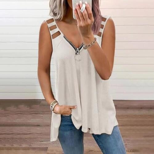 Women Summer Tops For Female 2021 Korean Style Tunic Shirts Women V-neck Solid Sleeveless Hollow Out Tops Tunic Zipper Blouse