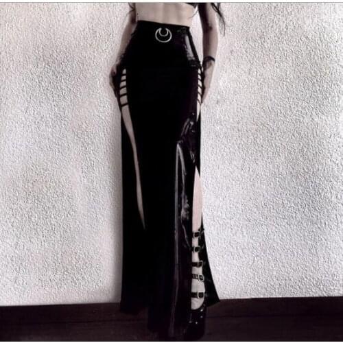 Ruibbit Faux Leather Long Skirts Women Gothic Streetwear High Waist Hollow Out Black Skirts Halloween Party Sexy Female Skirts