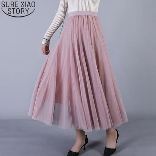 Women Pleated Skirt 2021 Spring Fashion Korean Style 4 Colors Elastic Waist Casual Maxi Mesh Long Skirt Solid Skirts Womens 9840