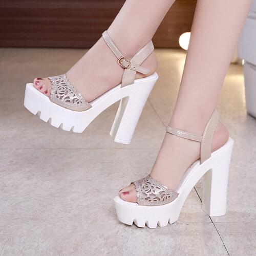 Plus Size 32-43 Block Heel Wedding Shoes Rhinestone Gold Platform Sandals Women Summer 2020 High Heels Sandals Ladies Party