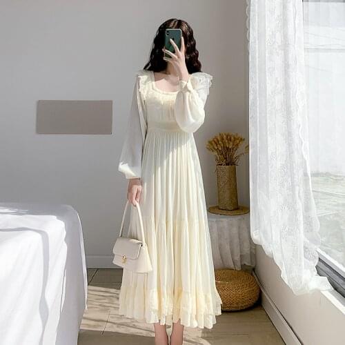 2021 Spring Autumn Women Dress Long Sleeve Lolita Party Dresses Square Collar Vestidos White Maxi Dress Korean Clothes WPY3382