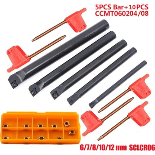 5pcs Lathe holder Turning Tool Boring Bar SCLCR06 6 7 8 10 12mm +10pcs CCMT060204 CCMT060208 inserts cnc lathe turning tool set