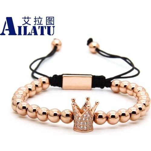 Ailatu Mens Fashion High Quality King Temperament Clear Cz Crown Braided Bracelet 6mm Stainless steel Beads Party Jewelry