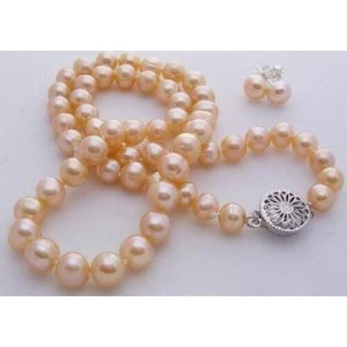 FREE shipping>>>>> 7-8mm pink akoya cultured pearl necklace earring 18"AA