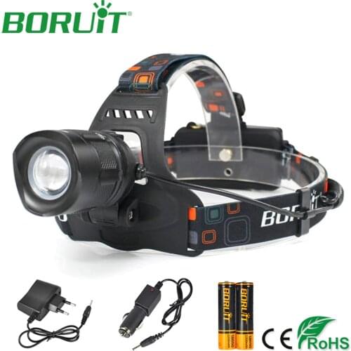 BORUiT Zoomable L2 LED Headlamp Flashlight Portable Rechargeable Headlight Waterproof Camping Hunting Head Torch Light 18650