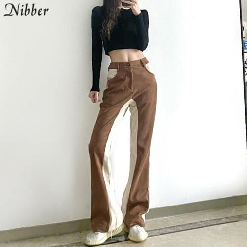 Nibber Quality Leather Suede Y2K Flares Pants Women Contrast Stitching Straight Pants 2021 Retro High Waist Baggy Streetwear