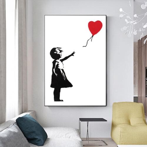 Girl with Red Balloon Banksy Graffiti Art Canvas Painting Black and White Wall Art Posters for Living Room Decoration Cuadros