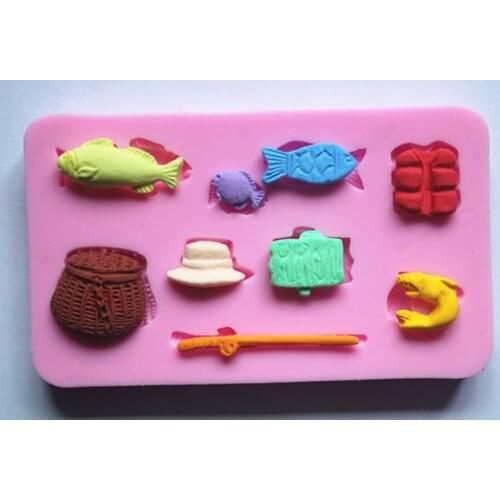 Fish pole fish creel strawhat cake molds soap chocolate mould for the kitchen baking FM103