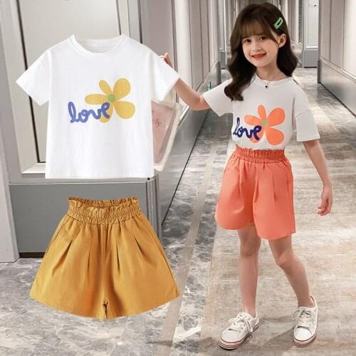 Girls Suits Fashion Round Neck Print Love Set Flowers Short Sleeve Shorts Two-piece
