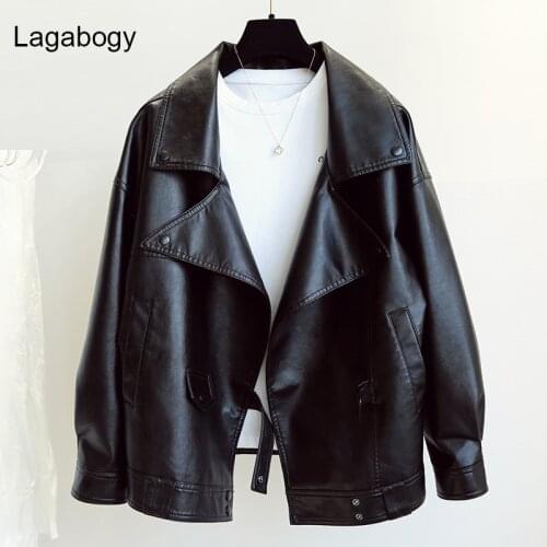 Lagabogy New Spring Autumn Women Plus Size Black PU Leather Jacket Female Moto Biker Loose Turn Down Collar Coat Causal Outwear