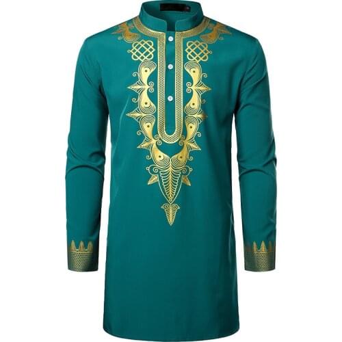 Richkeda Store New 2021 Extra Long Men African Clothes Brand African Dashiki Print Shirt Men Slim Fit Long Sleeve Dress Shirt