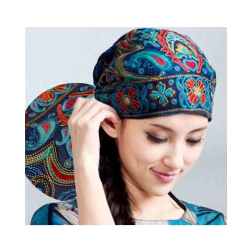 Mexican Style Spring And Autumn Ethnic Vintage Embroidery Flowers Bandanas Original Red Blue Print Hat Cat bonnet femme hiver
