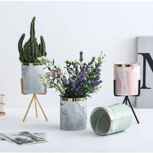 Nordic Multifunctional Flower Vase Ceramic Storage Jar Pencil Holder Marble Pattern Tabletop Green Plant Pot Home Office Decor