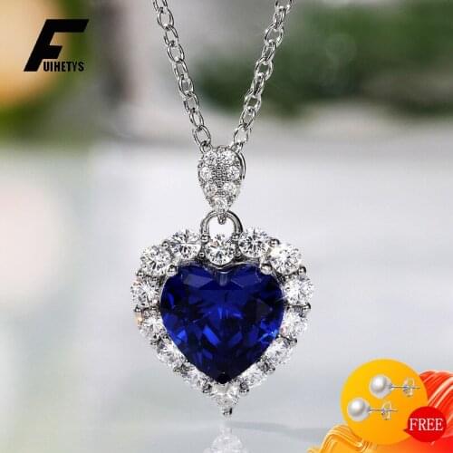Trendy Necklace 925 Silver Jewelry with Sapphire Zircon Gemstone Heart Shape Pendant for Women Wedding Party Ornament Wholesale