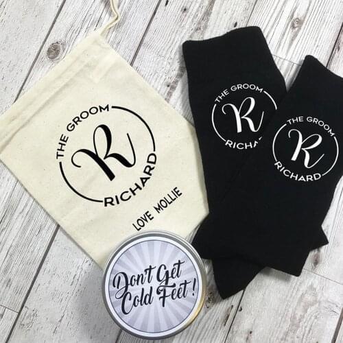 Personalize name date Monogram Groom Socks with tin and Gift Bag custom best man groomsman usher socks Wedding Morning gift