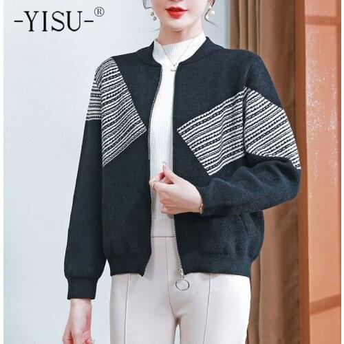 YISU New Women Sweater Cardigan O-Neck Stitching Tops Knitted Cardigan Coat Casual zipper Sweater Cardigan 2021 Short Jacket